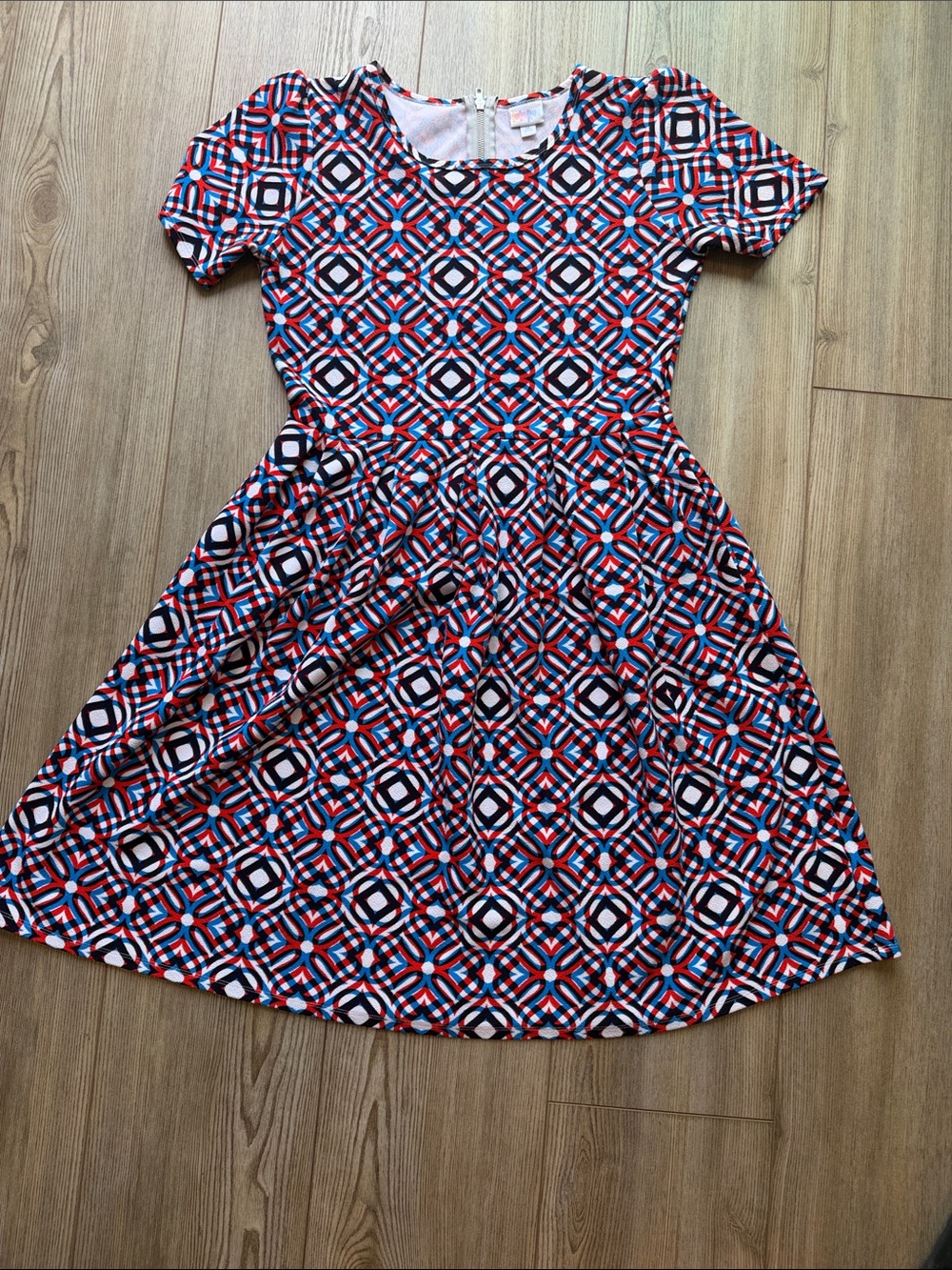 LuLaRoe Red, Blue & White Geometric Fit-and-Flare Dress for Girls